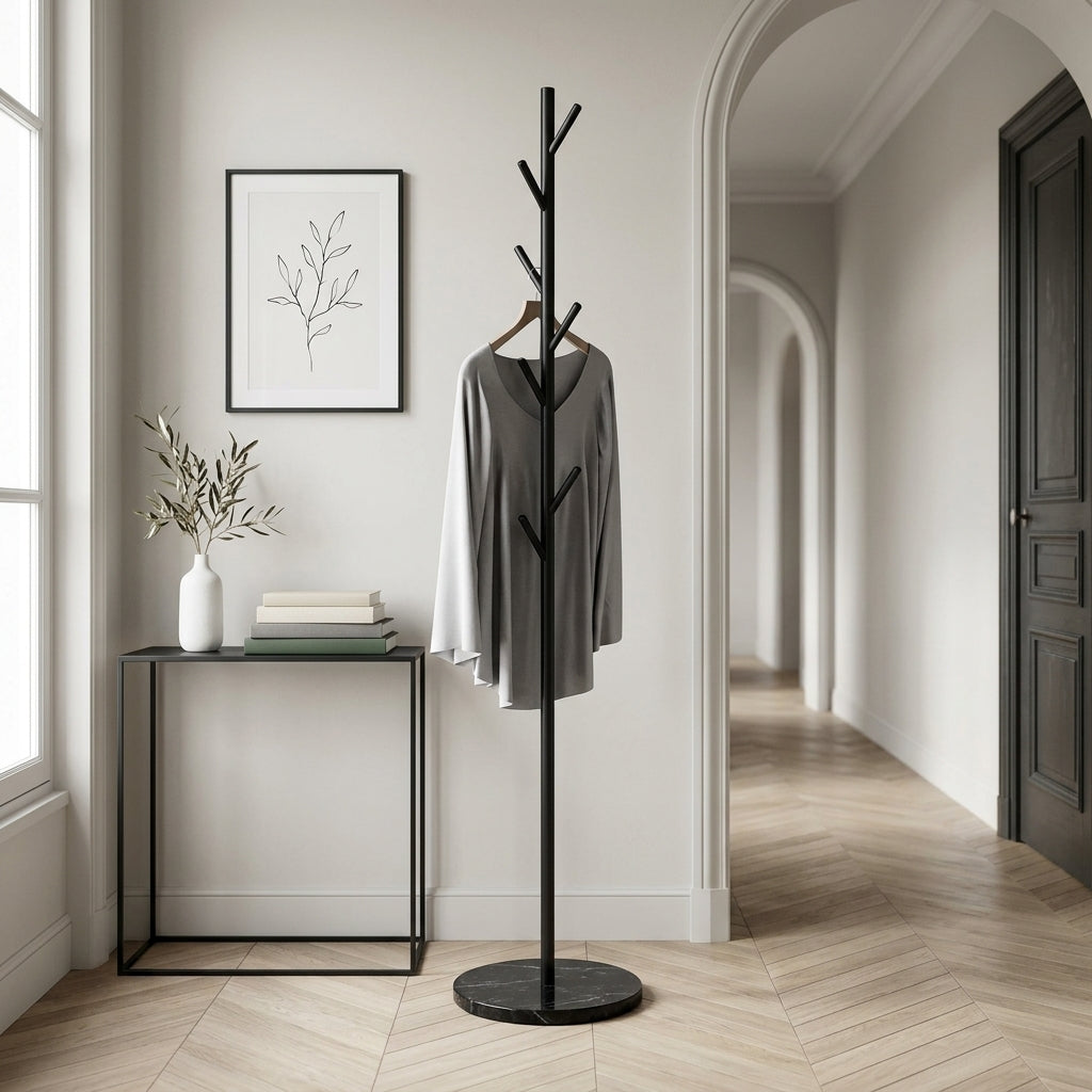 Porte-Manteau sur Pied Noir Arbre Branches Socle Marbre, vue 1 sur 4