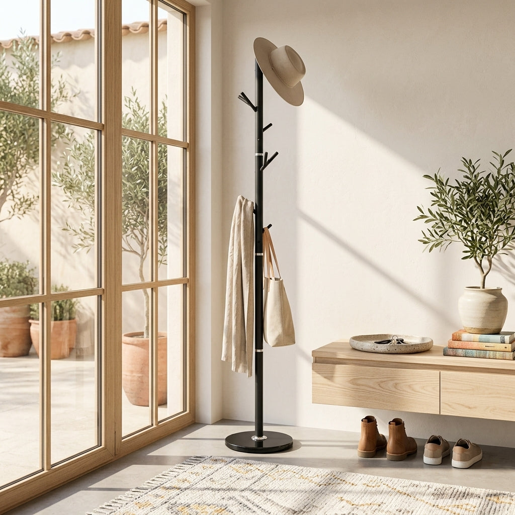 Porte-Manteau sur Pied Noir Arbre Rameaux Socle Rond, vue 2 sur 5