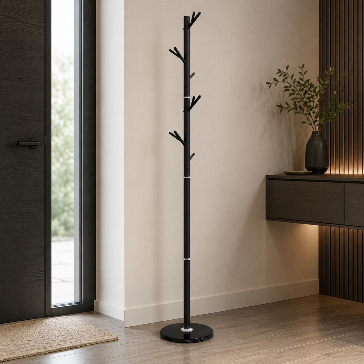 Porte-Manteau sur Pied Noir Arbre Rameaux Socle Rond, vue 3 sur 5