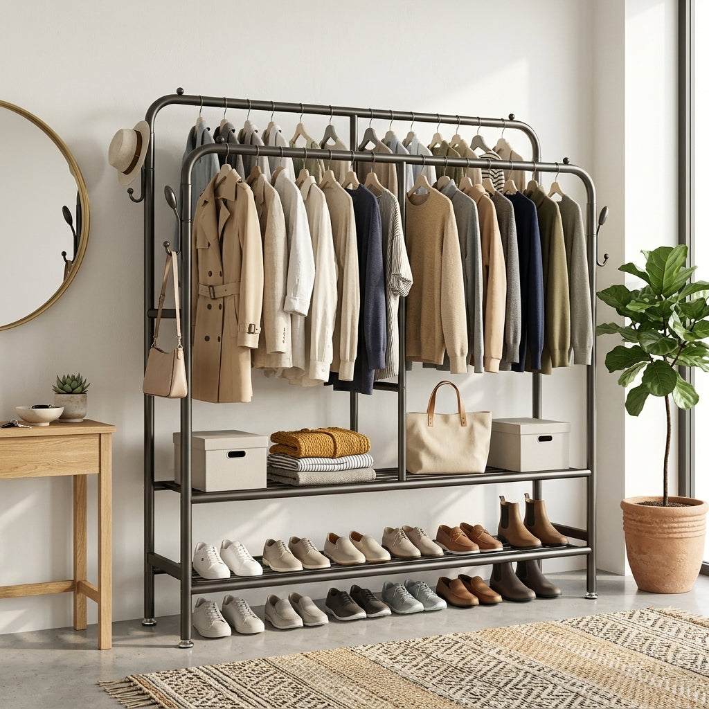Porte-Manteau sur Pied Noir Double Barre Métal Étagères, vue 1 sur 5