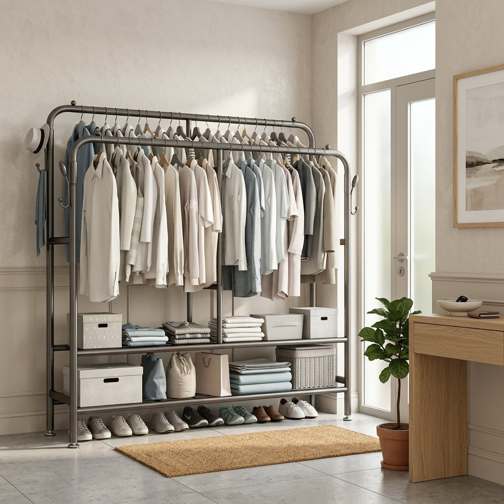 Porte-Manteau sur Pied Noir Double Barre Métal Étagères, vue 3 sur 5