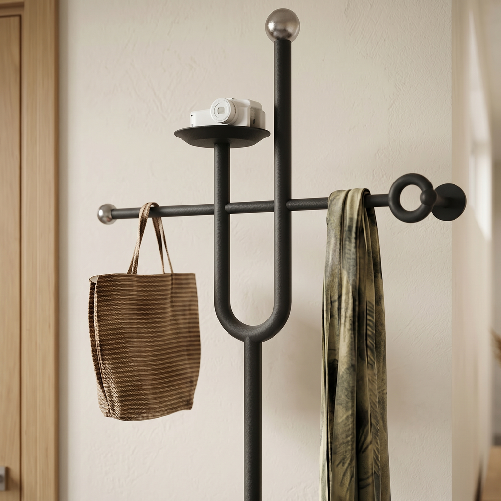 Porte-Manteau sur Pied Noir Fourche Traverse et Vide-Poche, vue 2 sur 4