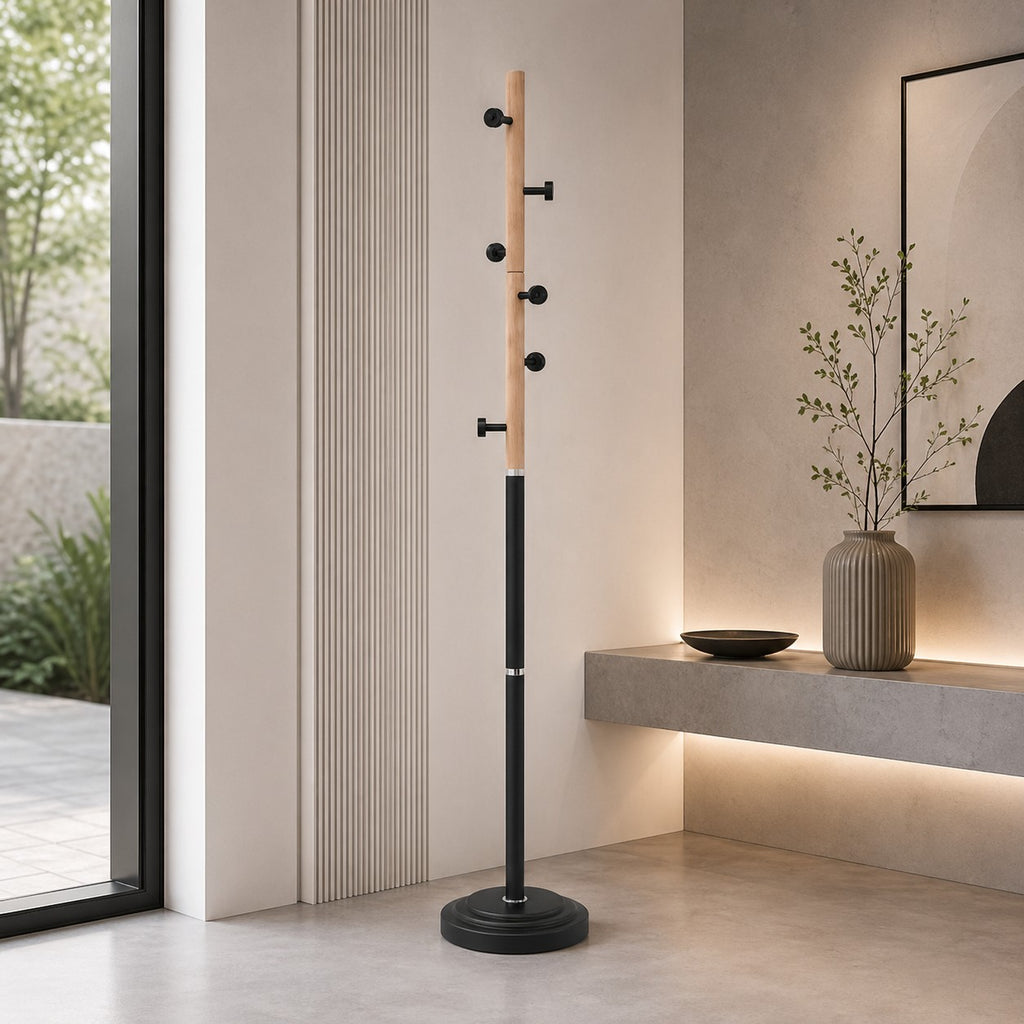 Porte-Manteau sur Pied Noir Fût Bois Patères Étagées, vue 1 sur 4