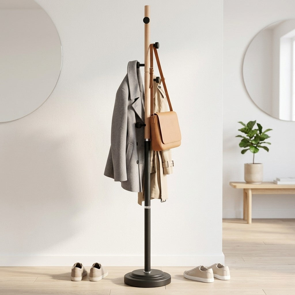 Porte-Manteau sur Pied Noir Fût Bois Patères Étagées, vue 2 sur 4