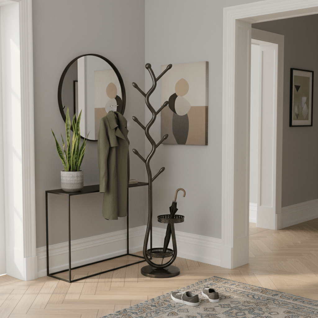 Porte-Manteau sur Pied Noir Tige Ondulée Plateaux Ajourés, vue 1 sur 4