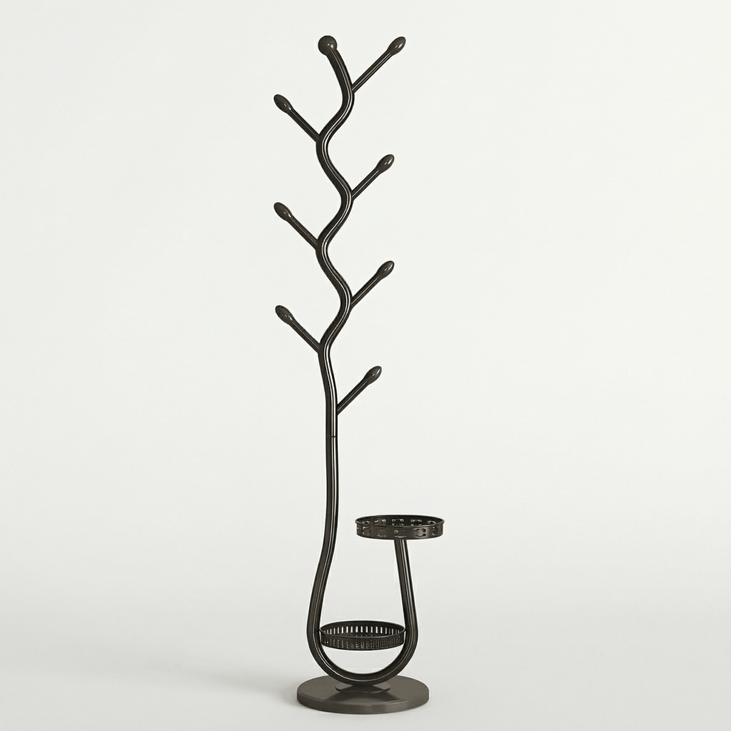 Porte-Manteau sur Pied Noir Tige Ondulée Plateaux Ajourés, vue 3 sur 4