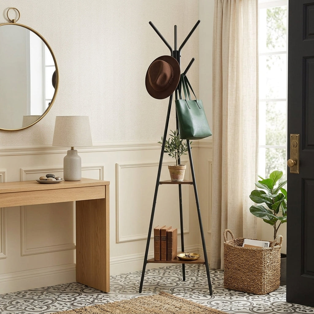 Porte-Manteau sur Pied Noir Trépied Patères Étagères Bois, vue 1 sur 4