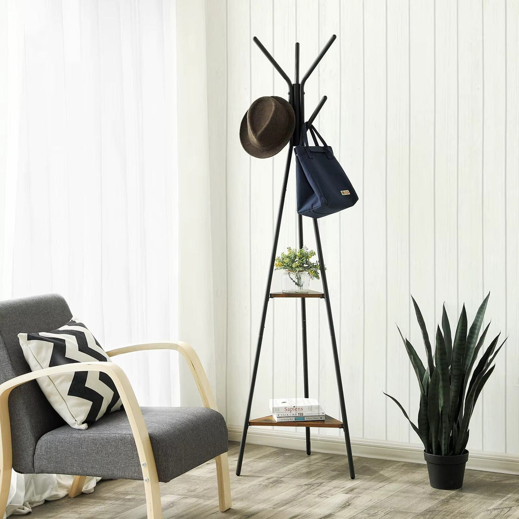 Porte-Manteau sur Pied Noir Trépied Patères Étagères Bois, vue 2 sur 4