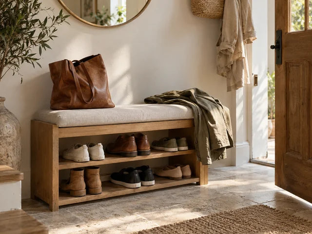 Banc à chaussures en bois dans une entrée claire