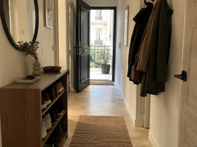 Chaussures rangées dans un couloir étroit et lumineux