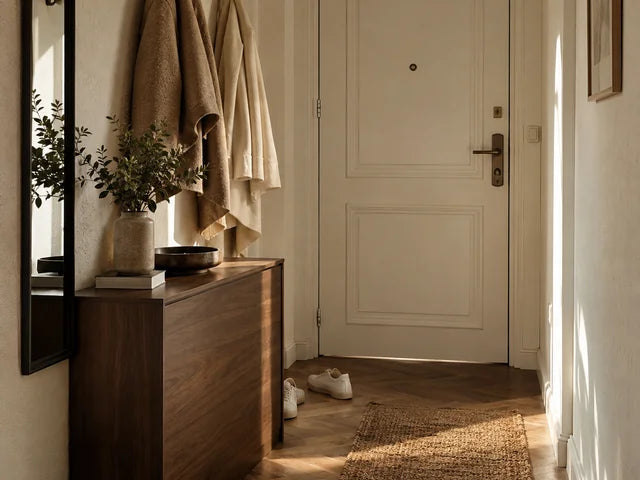 Entrée étroite avec meuble à chaussures en bois foncé