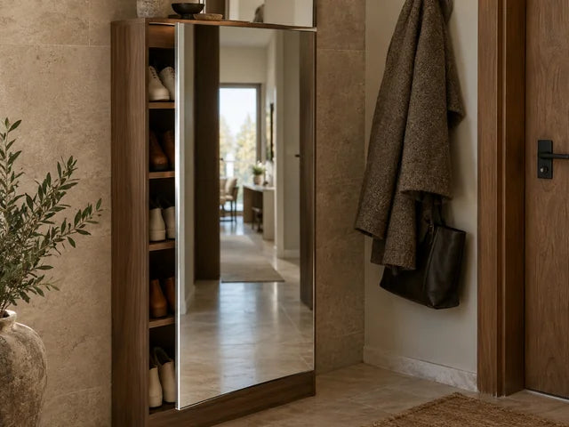 Meuble à chaussures en bois et miroir dans une entrée