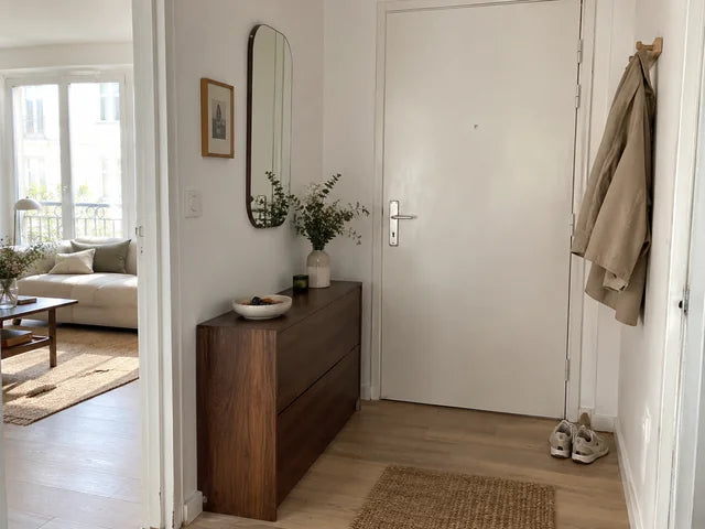 Meuble à chaussures en noyer dans une entrée claire